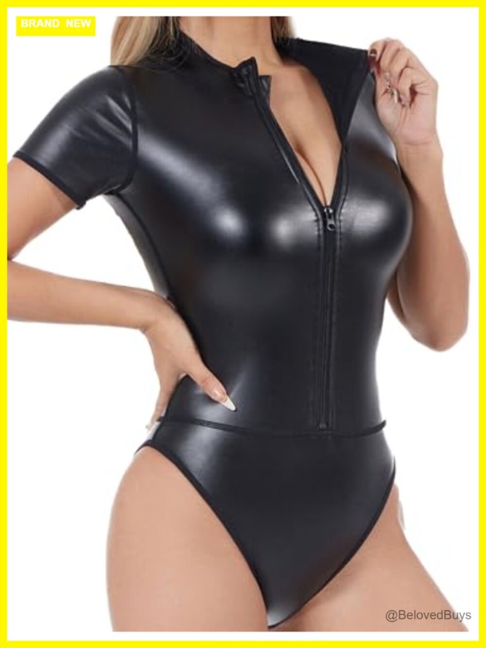 Faux Leather Bodysuit for Women Sexy Zipper One Piece Sleeveless Tank Top Club